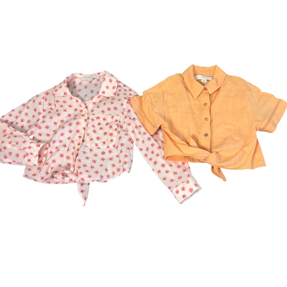 Zara Tie Front Shirt Bundle 6-7 Floral Linen Button Down Top Set Cream Orange